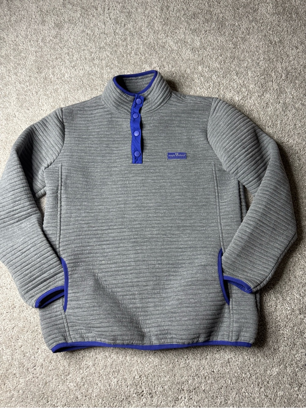 Simply Southern Gray Quilted Pullover with Blue Trim